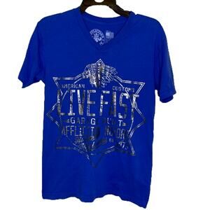 Affliction Men's V-Neck American Customs Blue Short Sleeve Tee, S